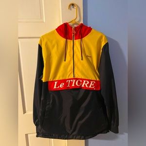 Le Tigre Hooded Pull-Over. Navy, Canary Yellow, Red. Men’s Medium.